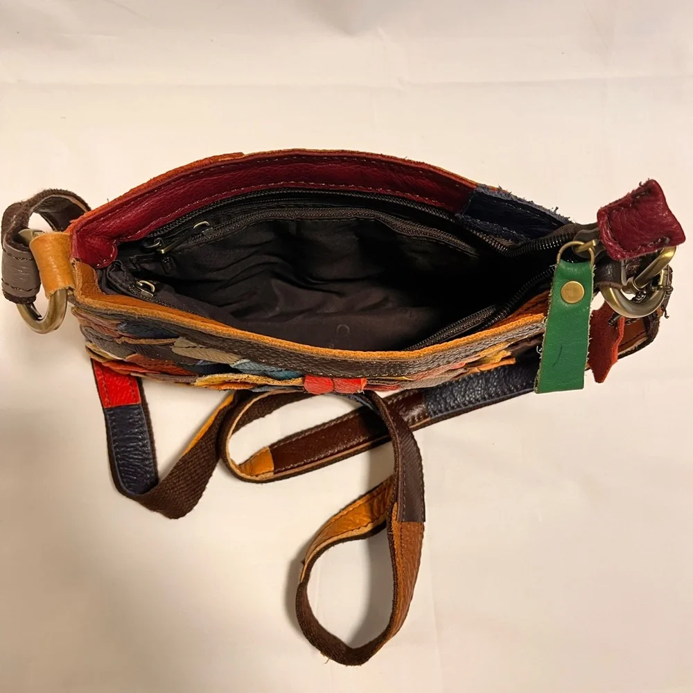 Vintage Leather Leaflet Covered Shoulder Bag, Boho with multicolored leaflets. - Picture 3 of 7